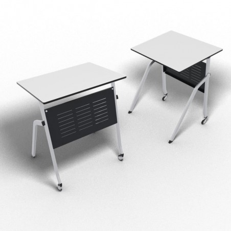 Lot de deux tables pliantes empliables, 4 pieds dont 2 à roulettes, tables 1 place