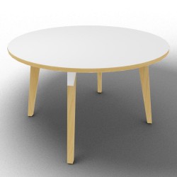 Table ronde avec plateau stratifié, pieds en bois, structure en métal