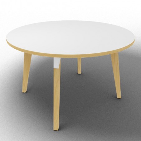 Table ronde avec plateau stratifié, pieds en bois, structure en métal